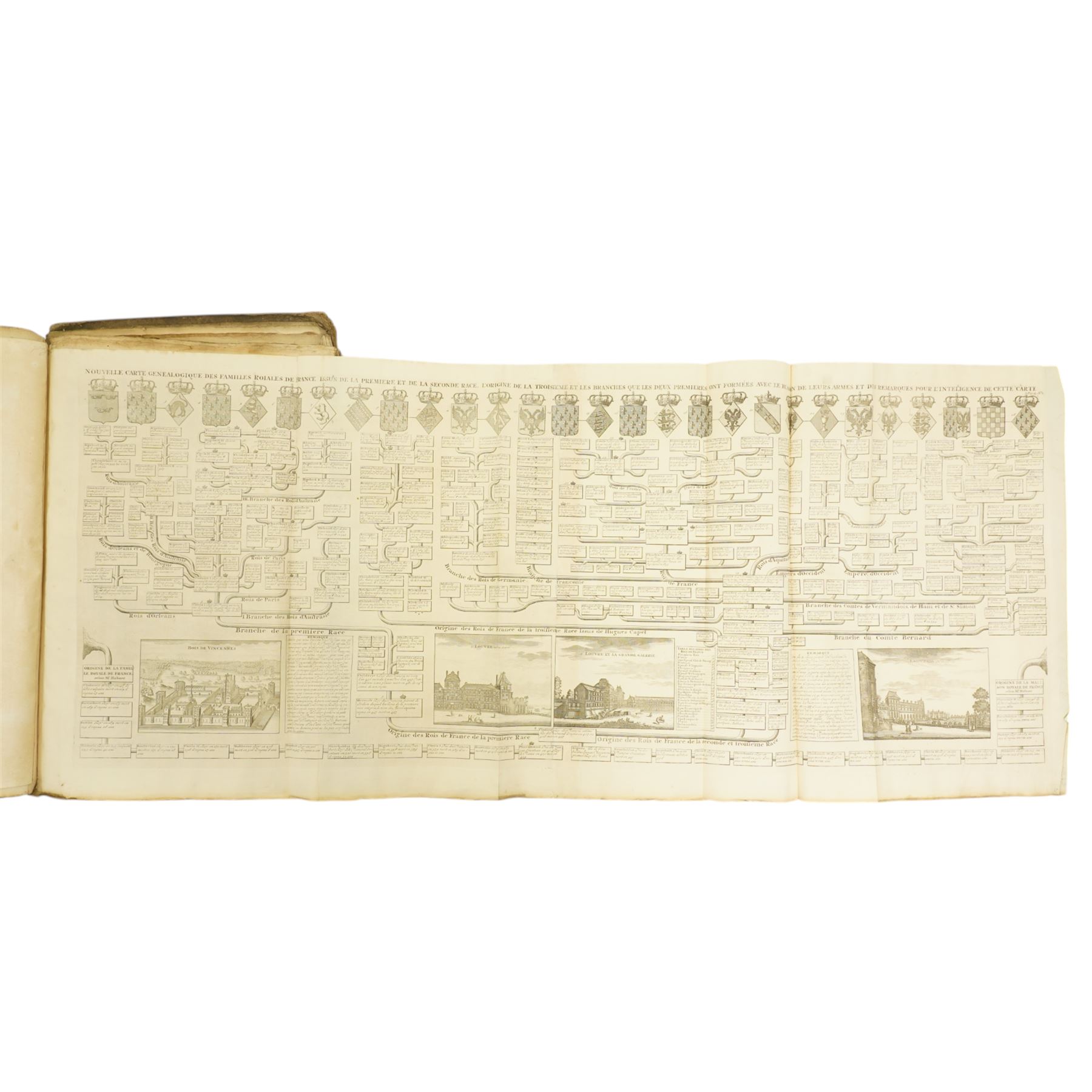 Limiers, Henri-Philippe de - 'Annales de la Monarchie Francoise', published Chez L'Honore & Chatelain Amsterdam  1724, three volumes in one with engraved frontispiece, sixty three full page plates and seven fold out genealogical tables, red and black title pages, full calf