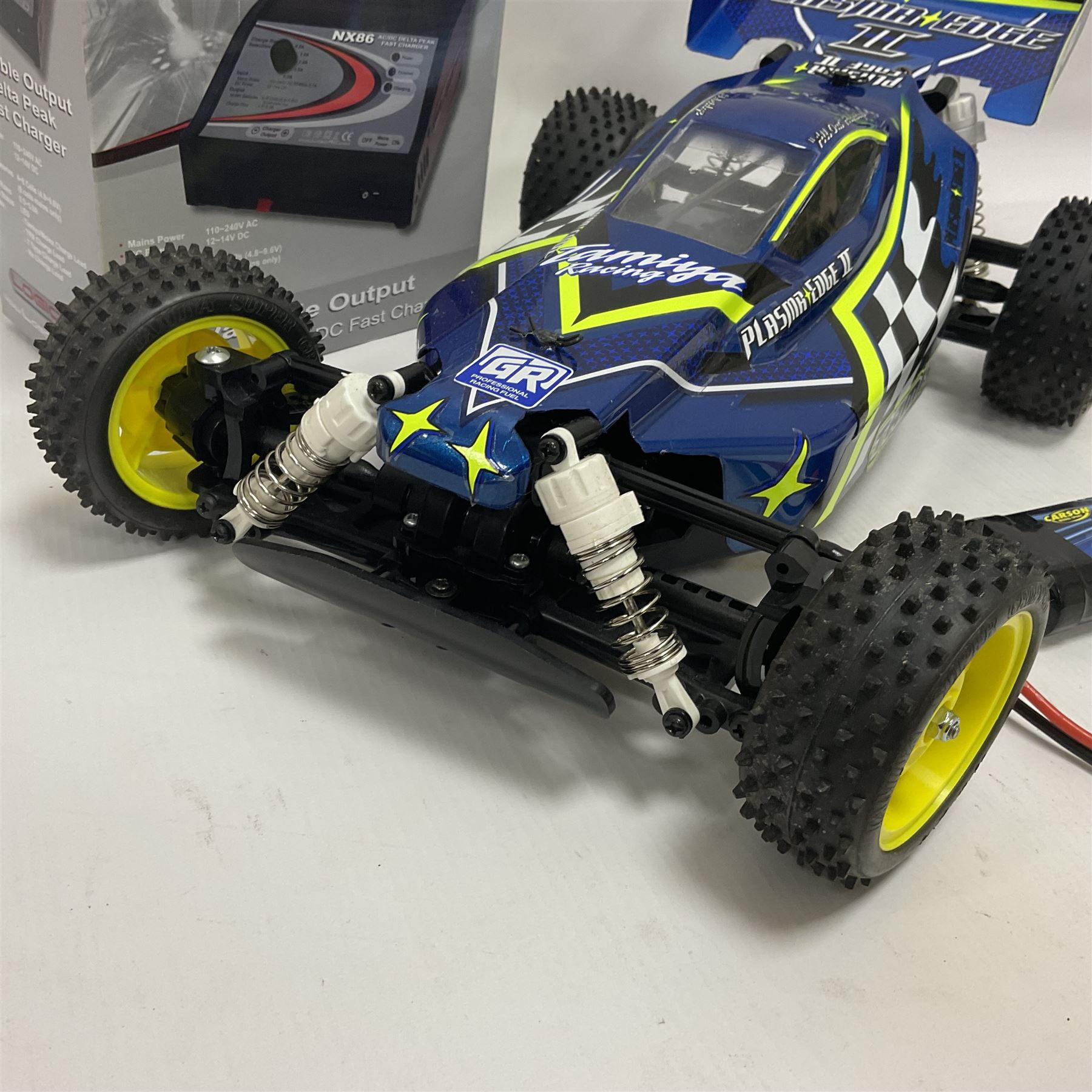 Tamiya - Plasma Edge II radio controlled car together with boxed NX86 Delta Peak AC/DC fast charger and Carson Reflex Stick Pro 3.1 Elektro Set