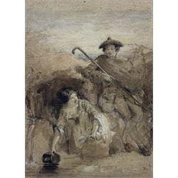 Thomas Faed (British 1826-1900): Shepherd and Maiden Filling Water Jug, sepia watercolour signed 25cm x 18cm