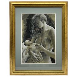 Anthony 'Tony' Tewfik (British 1955-): Nude Mother and Child Study, charcoal and crayon signed and dated 1997, 40cm x 27cm