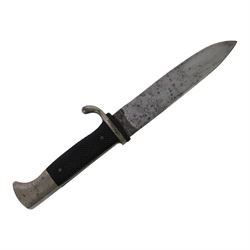 WWII German Third Reich Hitler Youth knife, the 13cm blade marked RZM M7/13, chequered black grip with inset enamel diamond shaped insignia, with scabbard and leather frog, overall L25cm