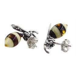 Pair of silver amber bee stud earrings