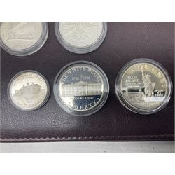 Five United States of America commemorative silver proof coins, comprising 1986, 1987, 1989, 1992 one dollars and 1982 half dollar, all with certificates