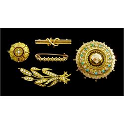 Five gold Victorian brooches including turquoise circular, wheatsheaf, seed pearl and knot