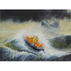  David Biglands (Northern British late 20th century): 'Into the Storm' - Whitby Lifeboat on a Rescue, gouache on paper signed, titled verso  21cm x 29cm   