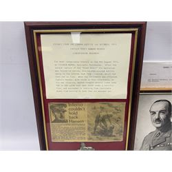 Captain (later Brigadier) Percy Howard Hansen V.C., D.S.O., M.C. 6th (Service) Battalion Lincolnshire Regiment - representative group of thirteen miniature dress medals comprising VC, DSO, MC, WW1 trio, GSM with Palestine clasp, four WW2 medals/stars, George VI Coronation Medal and French Croix-De-Guerre with MID leaves; all with ribbons on pinned bar for wearing; together with display of contemporary tunic ribbon bars for eight medals, framed with Lincolnshire Regiment cap badge, newspaper cutting and London Gazette extract; framed head and shoulder portrait of Hansen in uniform clearly showing his medal bars; and copies of related biographical information. Auctioneer's Note: Extract from the London Gazette 1st October 1915 regarding the VC 'For most conspicuous bravery on the 9th August 1915, at YILGHIN BURNU Gallipoli Peninsular. After the second capture of the 