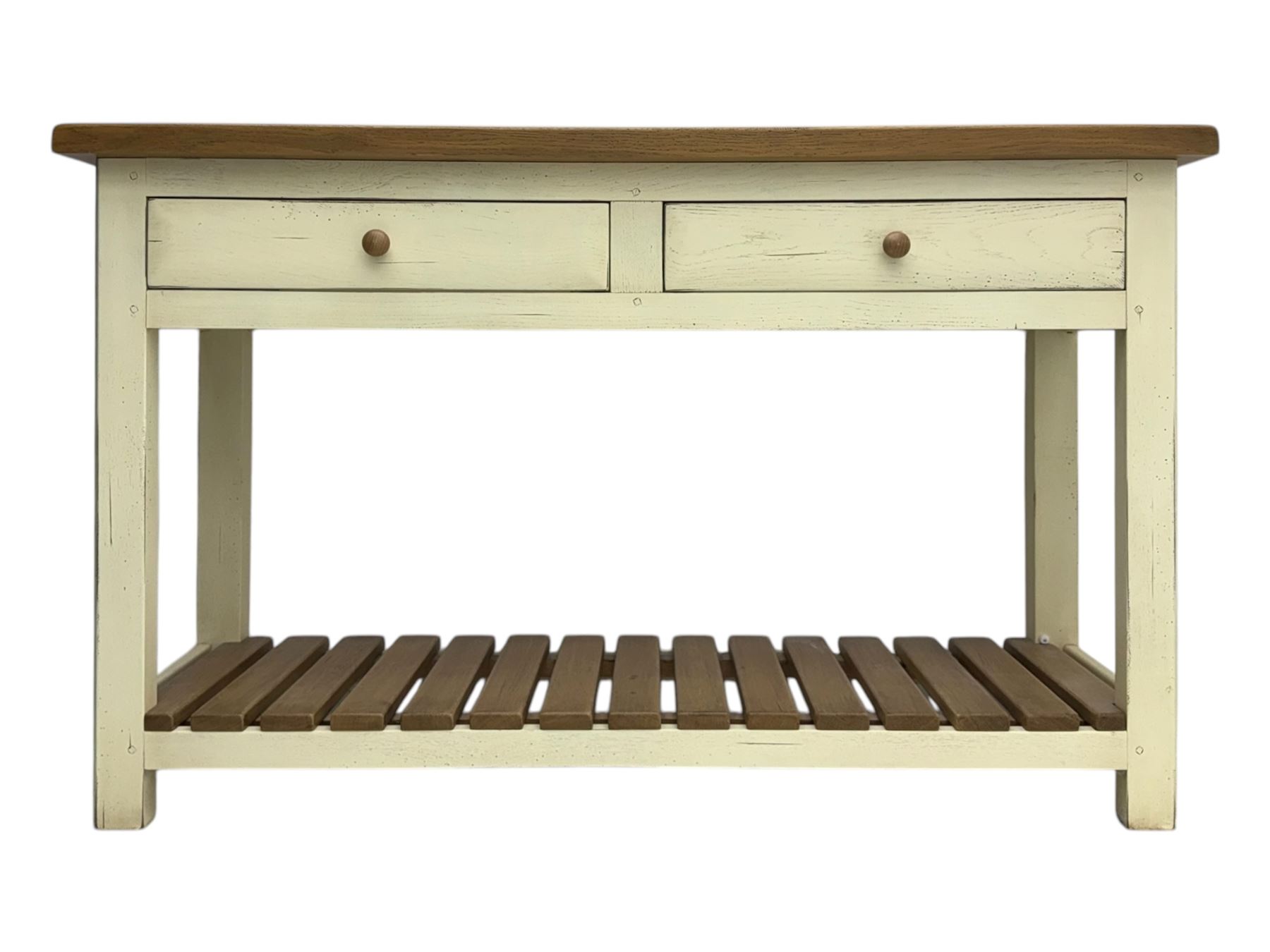 Fired Earth - contemporary Bastide style console table, oak top over cream painted frame fitted with two drawers and turned wooden handles, above a slatted oak undertier, raised on square supports
