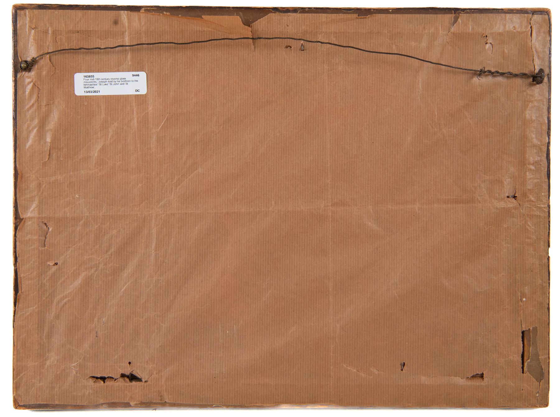 Four mid-19th century reverse glass mezzotints, 'Joseph sold by his brethren to the Ishmaelites' 'St Luke' 'St John' and 'St Matthew', 34cm x 24cm (4)