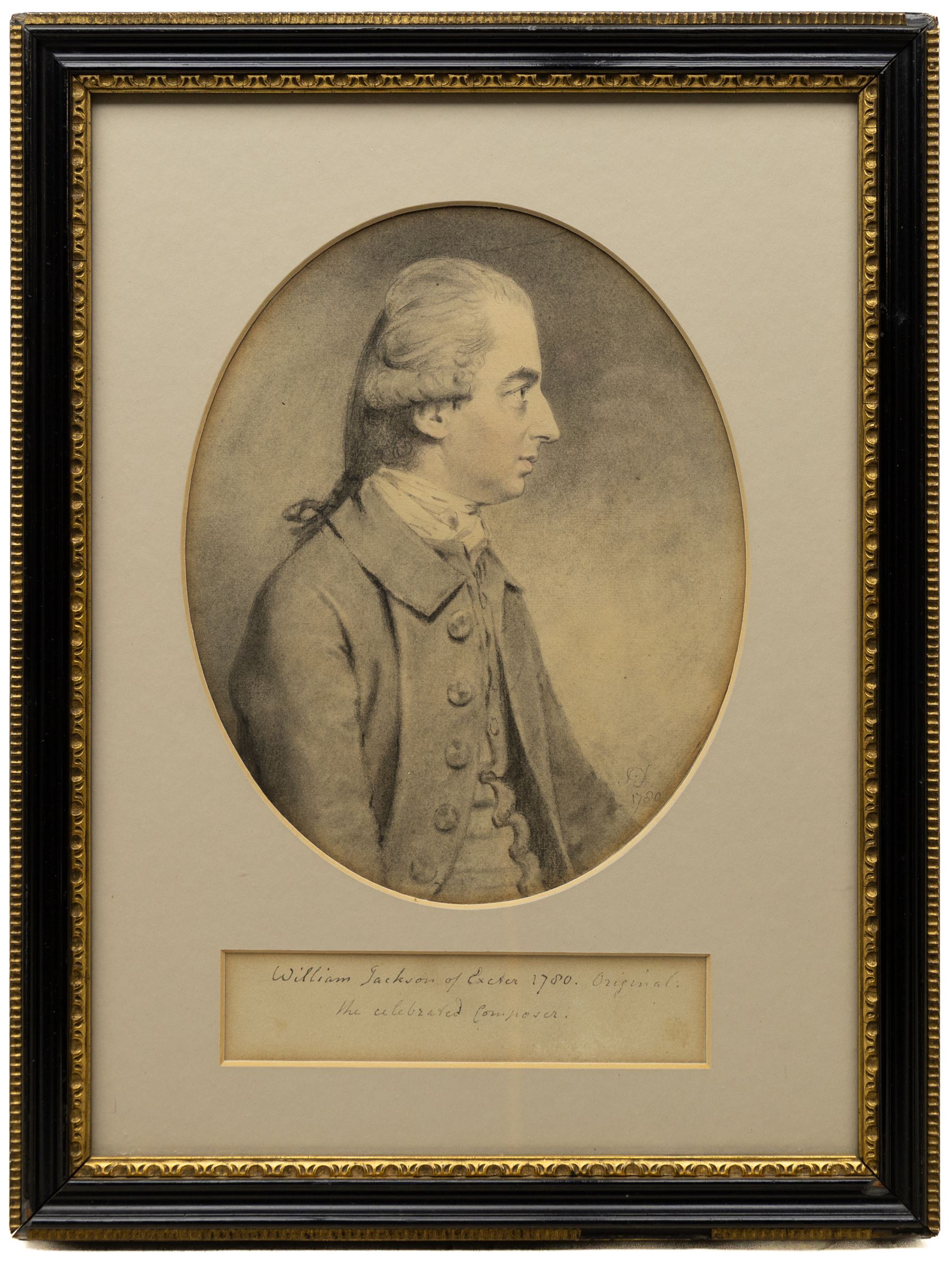 John Downman (British 1750-1824): 'Portrait of William Jackson Esquire of Exeter - The Celebrated Composer', oval watercolour signed with initials and dated 1780, inscribed below with label verso 20cm x 16.5cm
Provenance: Presented by Her Royal Highness Princess Louise Duchess of Argyll