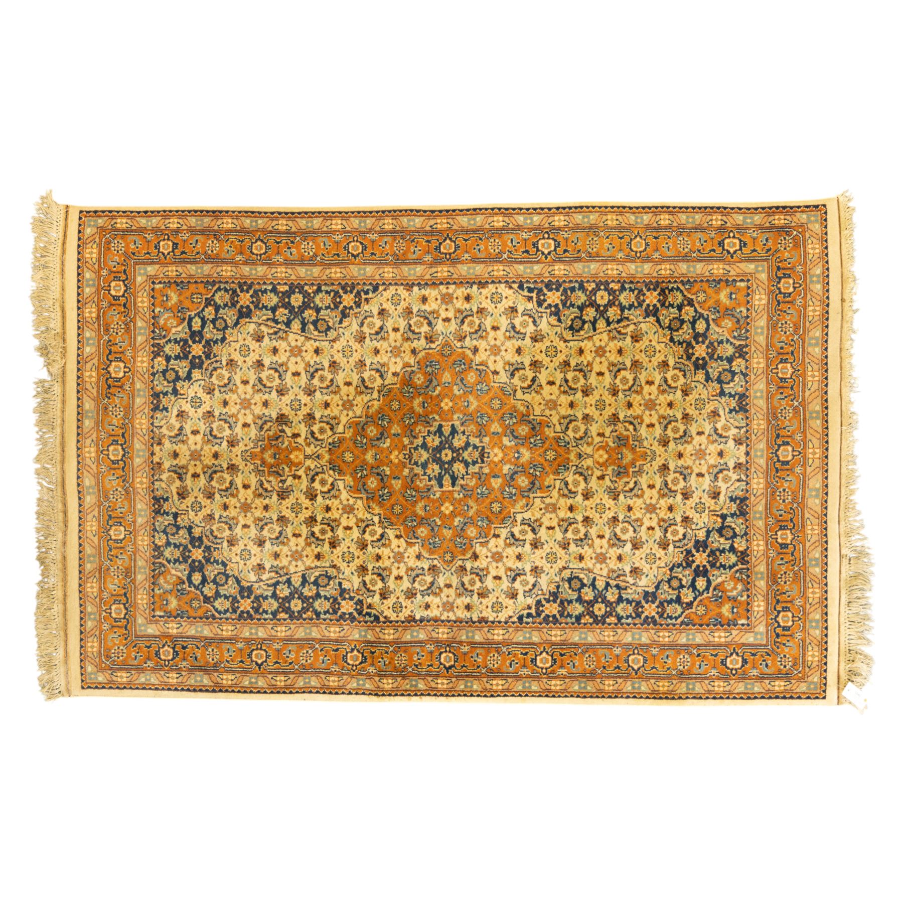 Persian Bijar rug, ivory field profusely decorated with a dense all-over Herati pattern centered by a red medallion with indigo lozenge and spandrels framed by a rust ground border of stylized palmettes and rosettes, between narrow floral guards