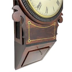 Frodsham of London - 8-day chain driven twin fusee wall clock in a mahogany case c1870, veneered case inlaid with brass stringing and motifs, shaped earpieces and chisel shaped base with pendulum adjustment door, 10” painted steel dial with Roman numerals, minute track and blued serpentine steel hands, dial inscribed Frodsham, Gracechurch Street, London, chain fusee, five-pillar, rack striking movement striking the hours on a cast bell. With pendulum.
H65 W34 D18
George Edward Frodsham, son of John Frodsham is recorded as working in Gracechurch Street, London 1869-79. Succeeded to Frodsham & Baker
