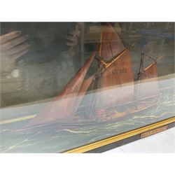 Late 19th/early 20th century diorama of the River Humber with a wooden waterline model of the Grimsby fishing vessel 'Jane' GY101 in full sail passing the Bull Lightship, probably Spurn lighthouse and buildings on the bank behind; in glass fronted ebonised display case L105cm H40cm D21cm