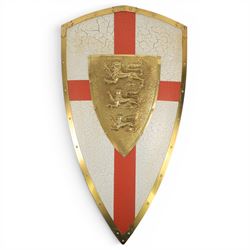Five wall hangings, modelled as shields, decorated to the centre in relief with three lions 