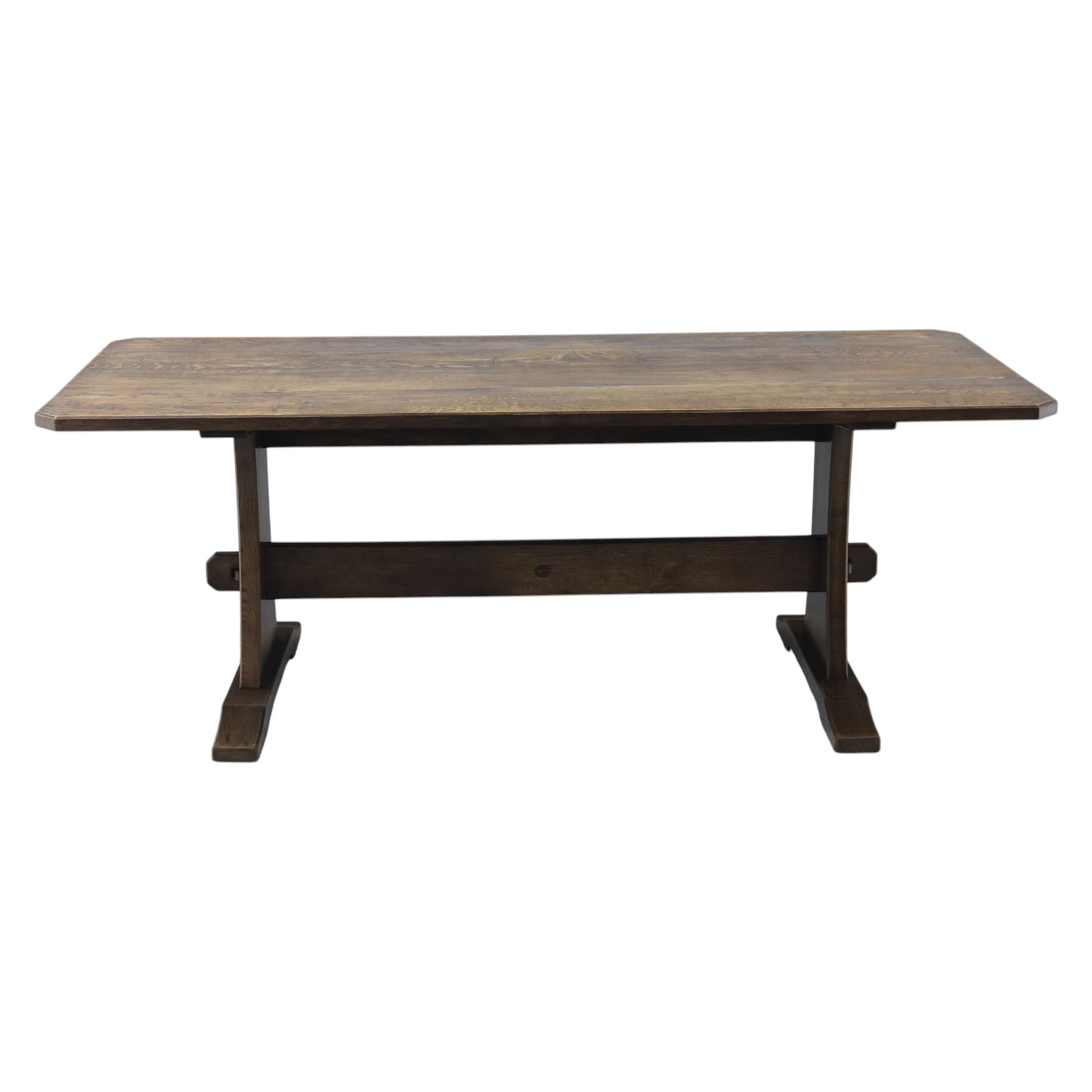 Acorn Industries - country oak kitchen or dining table, rectangular top with canted corners, shaped pedestals with joining pegged stretcher, Acornman signature