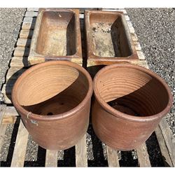 Two glazed stone sinks, and two large terracotta planter pots - THIS LOT IS TO BE COLLECTED BY APPOINTMENT FROM DUGGLEBY STORAGE, GREAT HILL, EASTFIELD, SCARBOROUGH, YO11 3TX