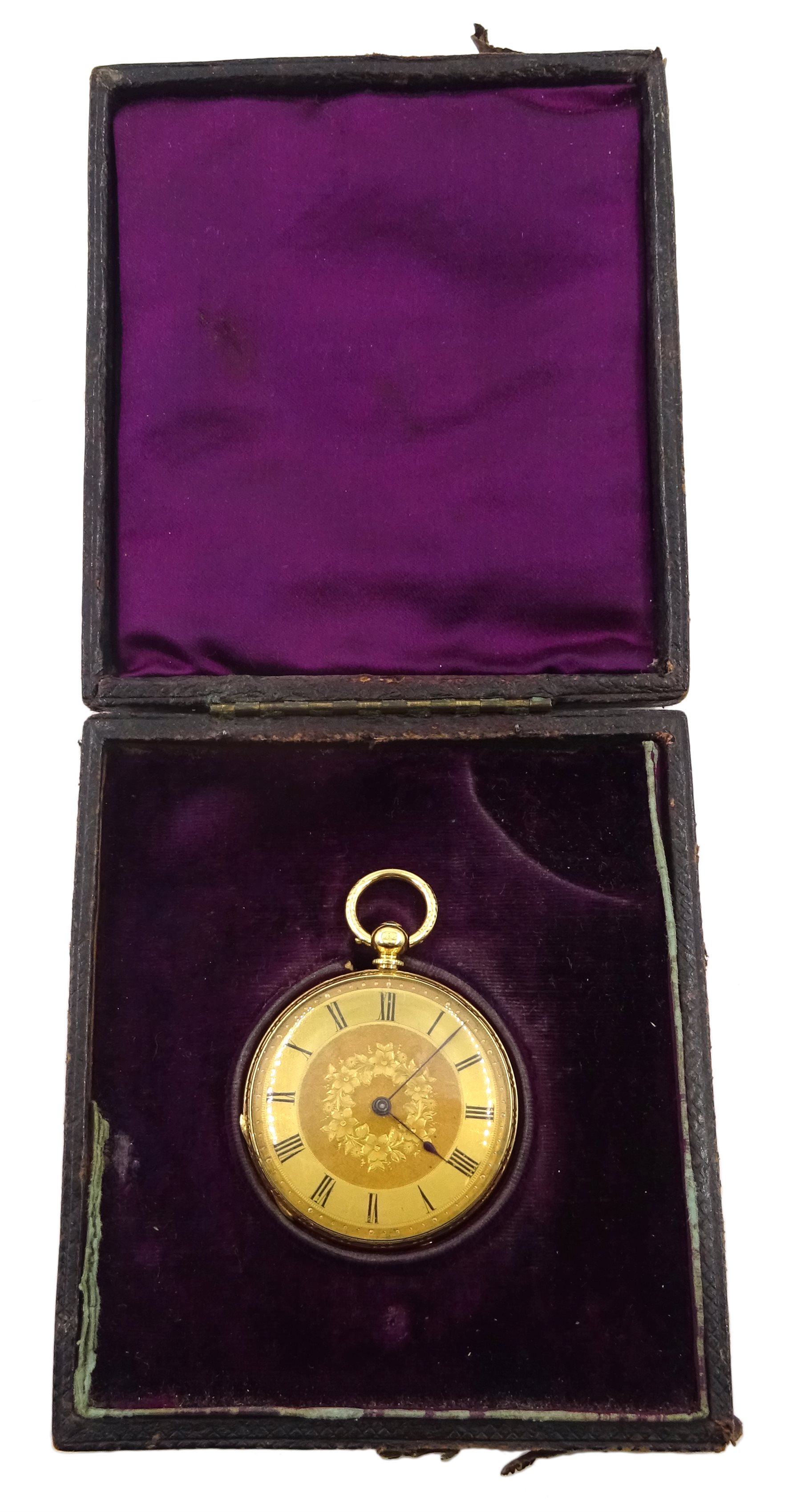Continental 18ct gold ladies pocket watch, key wound stamped 18K, in velvet and silk lined case