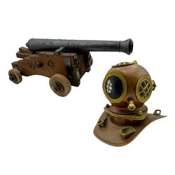 Miniature copper diving helmet and miniature cannon, helmet H17cm