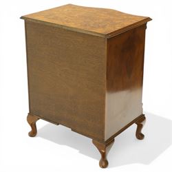 Queen Anne design figured walnut serpentine-front chest, fitted with four graduating cock-beaded drawers flanked by canted fluted uprights, on cabriole feet