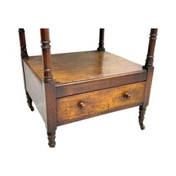 Early 19th century mahogany whatnot, with four rectangular shelves, the lower shelf fitted with a single drawer, supported by slender turned columns, raised on turned supports with brass castors
