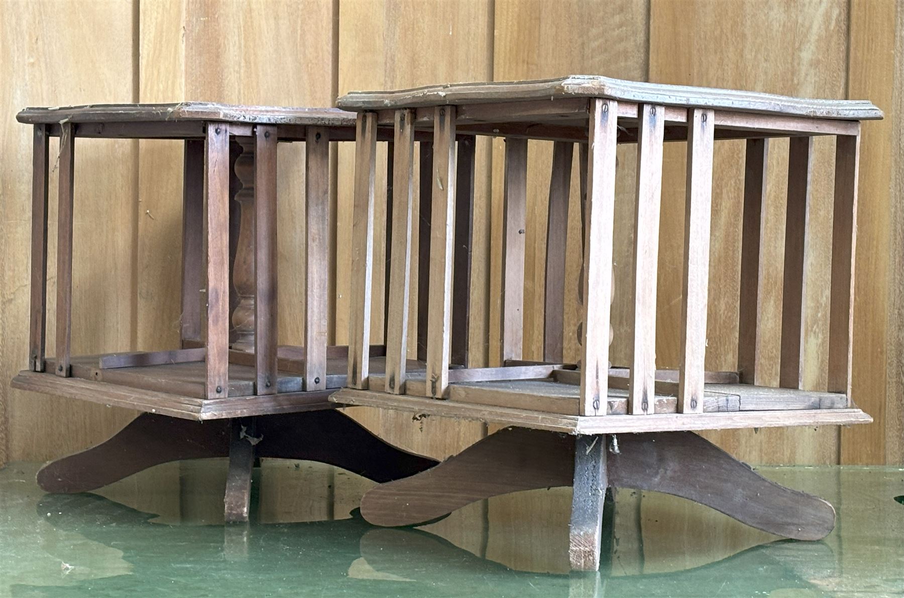 Pair of early 20th century stained pine table top revolving bookcases, (H39cm, 36cm x 36cm) together with a beech framed folding child's chair (H55cm) - COLLECTION BY APPOINTMENT FROM: The White House, Thirsk Road, Easingwold, York, YO61 3NF - CALL 01723 507111 TO ARRANGE