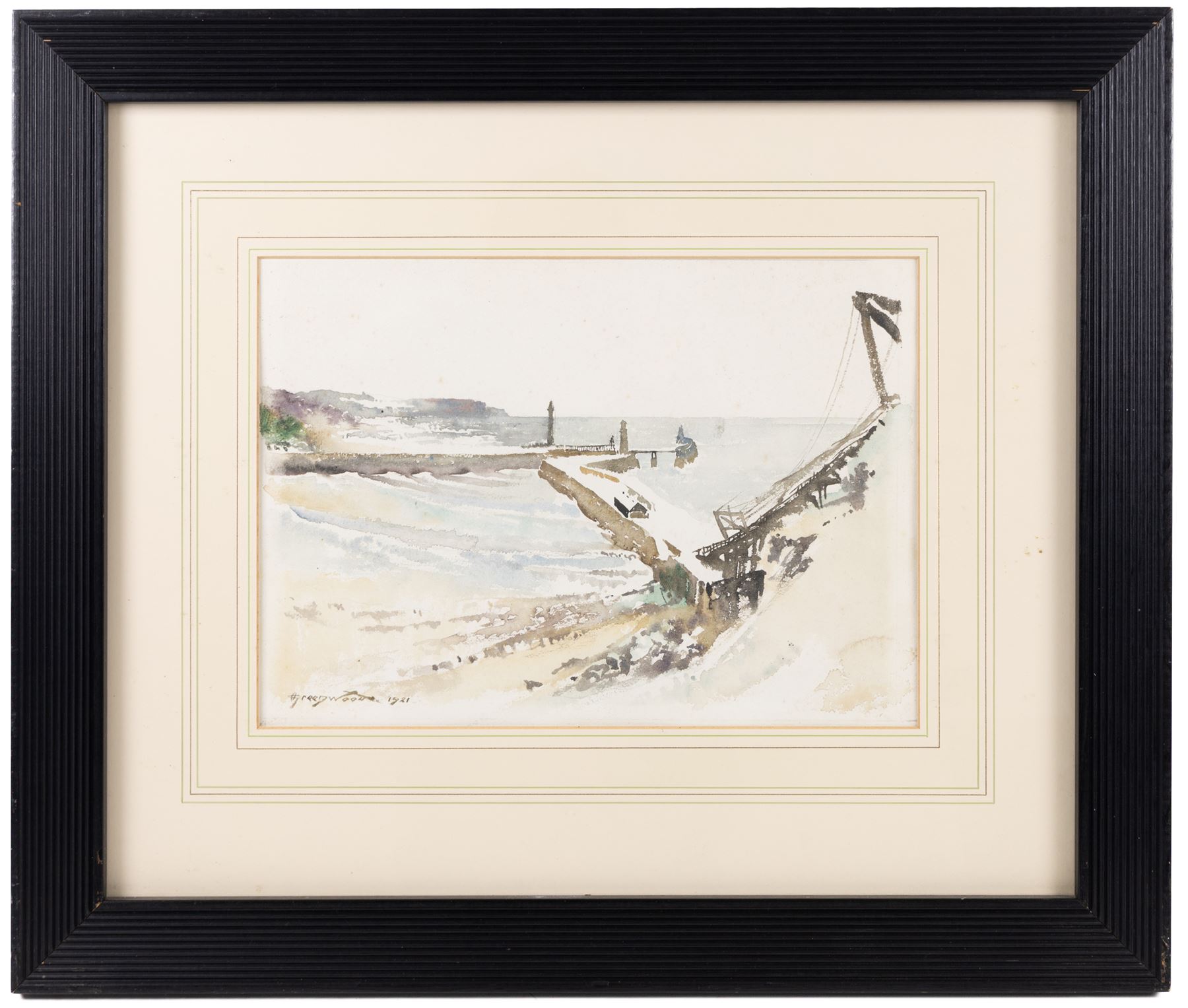 Orlando Greenwood (British 1892-1989): Whitby Piers, watercolour signed and dated 1921, 25cm x 35cm 
Provenance: Christie's South Kensington, 'Paintings, Watercolours, Drawings and Artist's materials from the studio of Orlando Greenwood', 11th October 1990, stamp verso (within the frame)