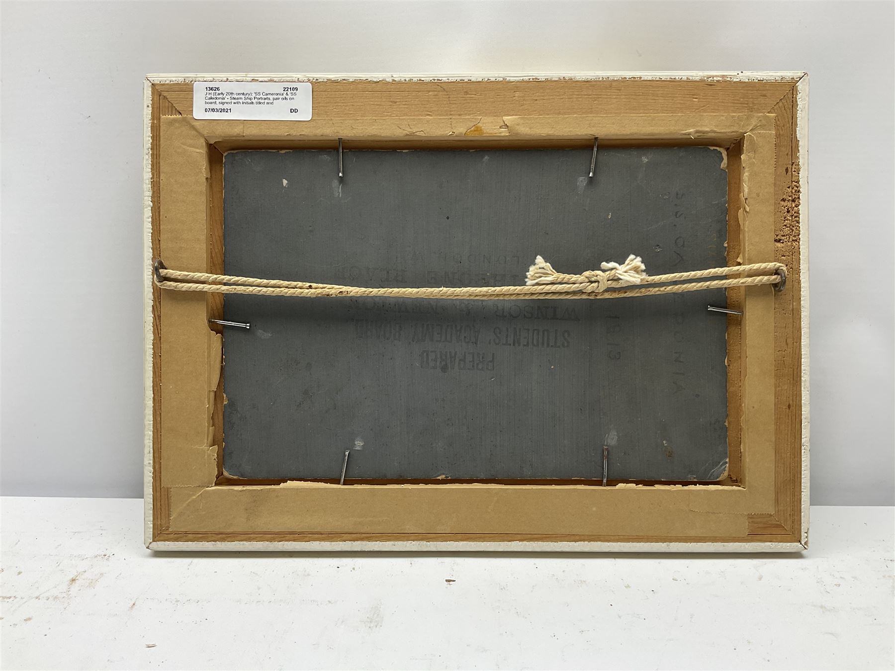 J H (Early 20th century): 'SS Cameronia' & 'SS Caledonia' - Steam Ship Portraits, pair oils on board, signed with initials titled and dated 1913 verso 14cm x 23cm (2)
Notes: The CAMERONIA was a Passenger/Cargo Vessel of 10,963 tons built in 1911 by D & W Henderson Ltd Glasgow, Yard No 472 for the Anchor Line, Glasgow. Her Maiden voyage was from Glasgow to Moville and New York on 13th September 1911. She acted as troopship from 1917. On the 15th April 1917 she was torpedoed and sank in 40 minutes when about 150 miles E of Malta. Around 200 lives lost out of approximately 2,700. The CALEDONIA also built by D. & W. Henderson & Co. Ltd., Glasgow in 1904 and owned at the time of her loss by Anchor Line (Henderson Bros.). Requisitioned by the British Government upon the outbreak of war in 1914, met her fate in the Mediterranean on December 5th, 1916. When 125 miles E. of Malta she encountered the German submarine U-65, which torpedoed her without warning. The captain, Capt. James Blaikie, attempted to sink the submarine by ramming and actually succeeded in striking her. Capt. Blaikie was taken prisoner by the Germans 