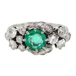 White gold round emerald and diamond cluster ring, stamped 18ct