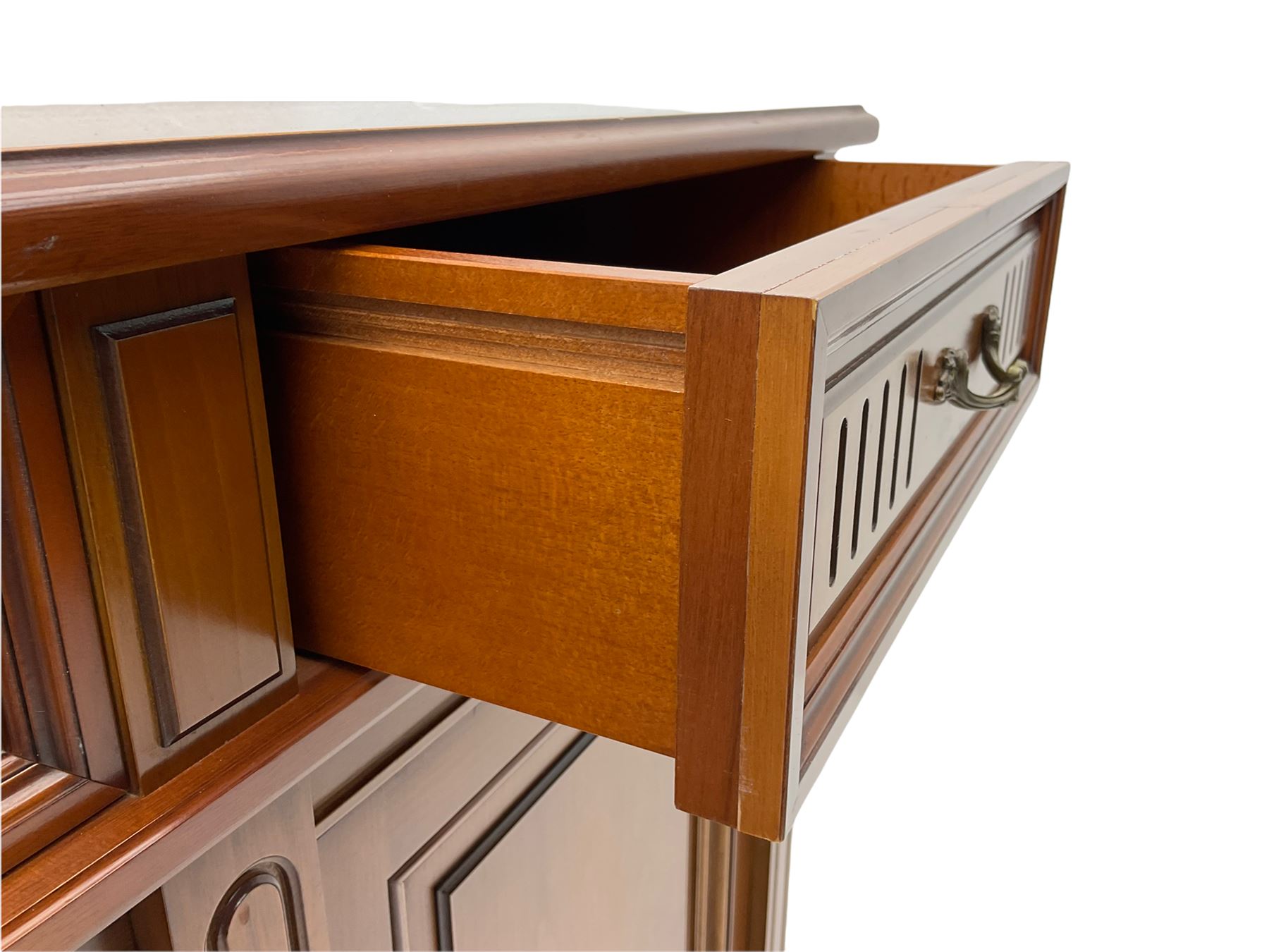 Contemporary cherry wood sideboard, rectangular moulded top over three drawers and three cupboards