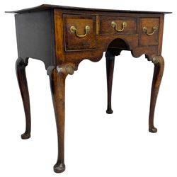 18th century oak low-boy, rectangular top over three crossbanded and cock-beaded drawers, ogee and stepped arch apron, on cabriole supports 