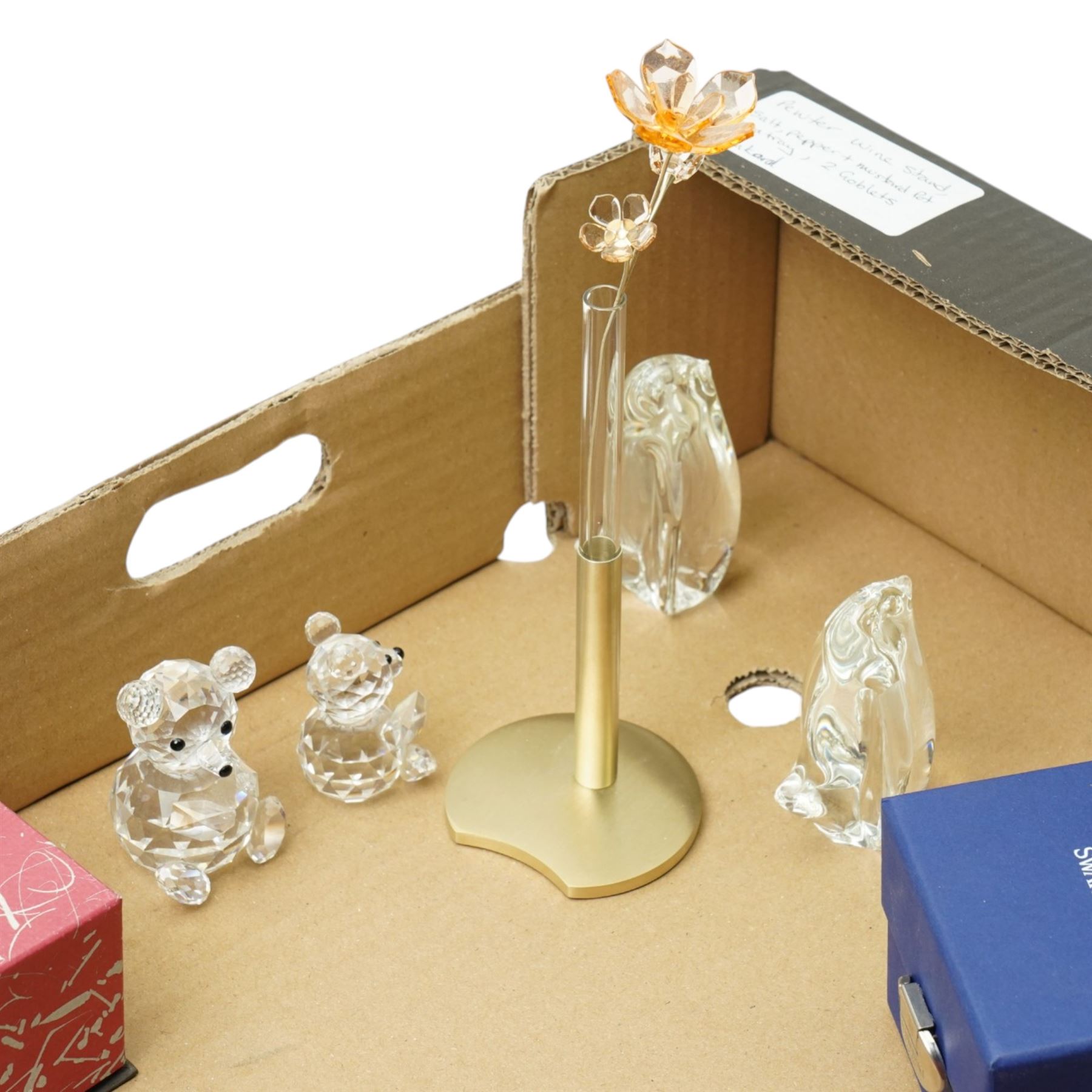  Swarovski glass and metal spray of flowers, two Swarovski bears, Hadeland glass bear and other glass ornaments