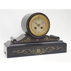  19th century black slate mantel clock, cylinder dome top, circular alabaster Roman dial signed 'Paris', engraved and gilt decoration, twin train movement stamped 'Japy Freres', striking the hours and half on bell, W35cm  