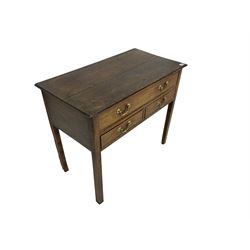 Georgian oak lowboy, rectangular moulded top over three drawers, on square supports