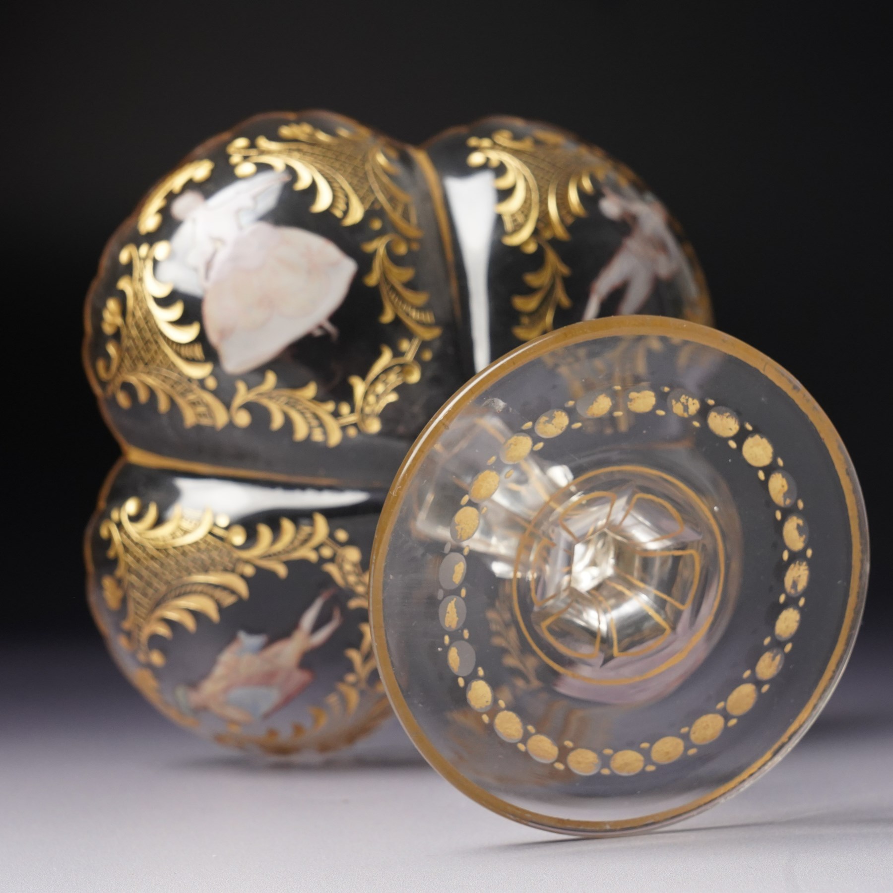Lobmeyr style tazza, of quatrefoil form with painted enamel figures, H12cm 