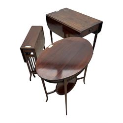 Early 20th century oval mahogany two tier occasional table (76cm x 51cm, H71cm); George III mahogany drop-leaf Pembroke table (48cm x 82cm, H71cm); Edwardian mahogany drop-leaf Sutherland table (W60cm)