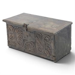 18th century small oak box with carved front, iron strap latch and hinges, fitted candlebox