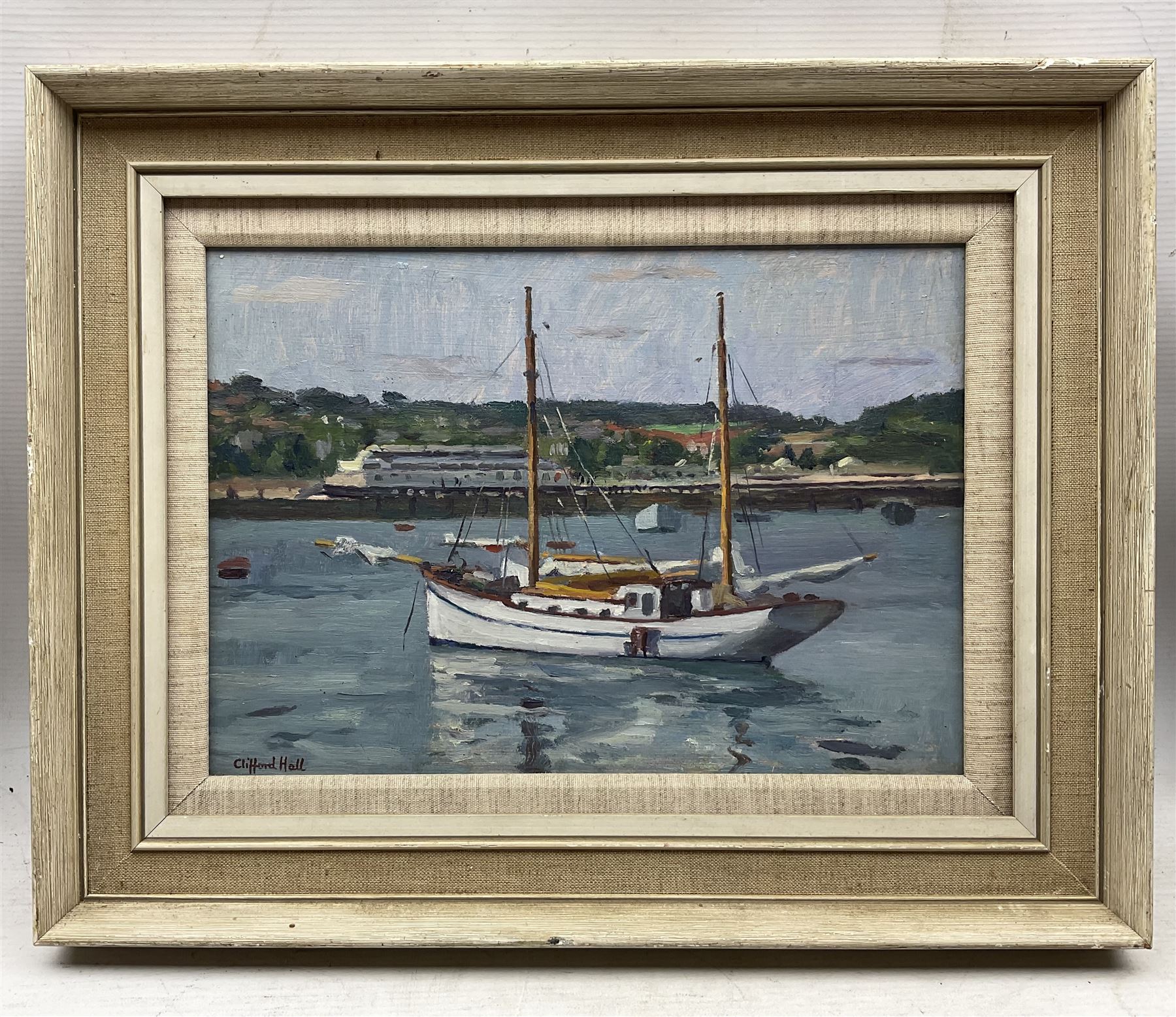 Clifford Hall (British 1904-1973): Yatch in the Harbour, oil on board signed 24cm x 34cm 