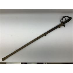 Victorian army officer's sword for the West York Yeomanry, the 86.5cm fullered steel blade by W. Buckmaster & Co New Burlington St. London decorated with Victoria cypher and regimental banner, three-bar hilt with stepped pommel and wire-bound fish skin grip; in metal scabbard L105.5cm overall