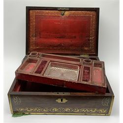 Victorian rosewood vanity box, with scrolling foliate brass inlay and twin brass inset campaign style handles, the hinged cover opening to reveal a gilt tooled interior with divisions, L33cm D22.5cm H13cm
