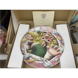Wallace and Gromit and Shaun the Sheep collectables, including alarm clocks, plates, cafetiere, soft toys, etc, in two boxes