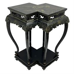 Chinese black lacquer double jardinière stand, the double-lozenge top painted with traditional landscape scenes within a gilt strung border, the pierced frieze with trailing foliate decoration and geometric patterns over the shaped projecting apron, supported on six cabriole supports united by a hexagonal undertier, raised on compressed spade feet