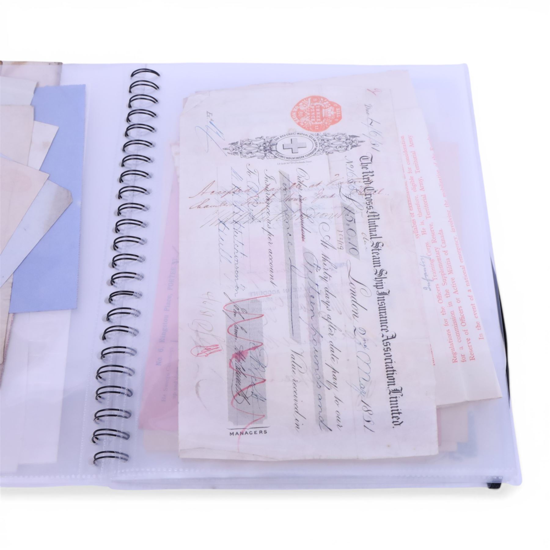 Collection of Hull related ephemera, including share certificates, ledgers, receipts, invoices, etc., many related to shipping