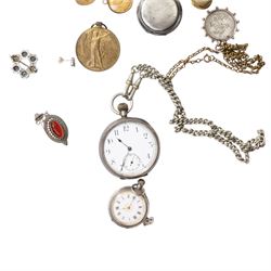 Victorian dress stud with horseshoe motif, two silver pocket watches, silver-plated pocket compass, silver pendant earrings, St George and the Dragon silver coin, mounted as a pendant, silver paste set bracelet, WW1 Victory medal awarded to PTE N Fisher, R Scots, costume jewellery etc 