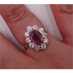 18ct gold oval pink sapphire and round brilliant cut diamond cluster ring, London import mark 1989, sapphire approx 1.70 carat, total diamond weight approx 1.50 carat