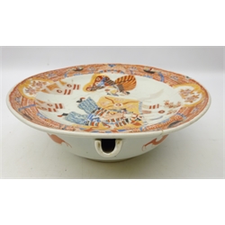  19th century Japanese porcelain warming plate, painted with Samurai Warriors in the Imari palette, six figure signature D26cm   