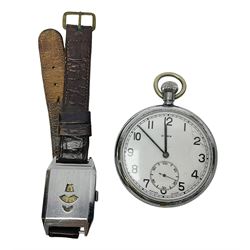 Cyma military issue pocket watch, back case No. 6E/50 A9259 and a Art Deco manual wind jump hour wristwatch