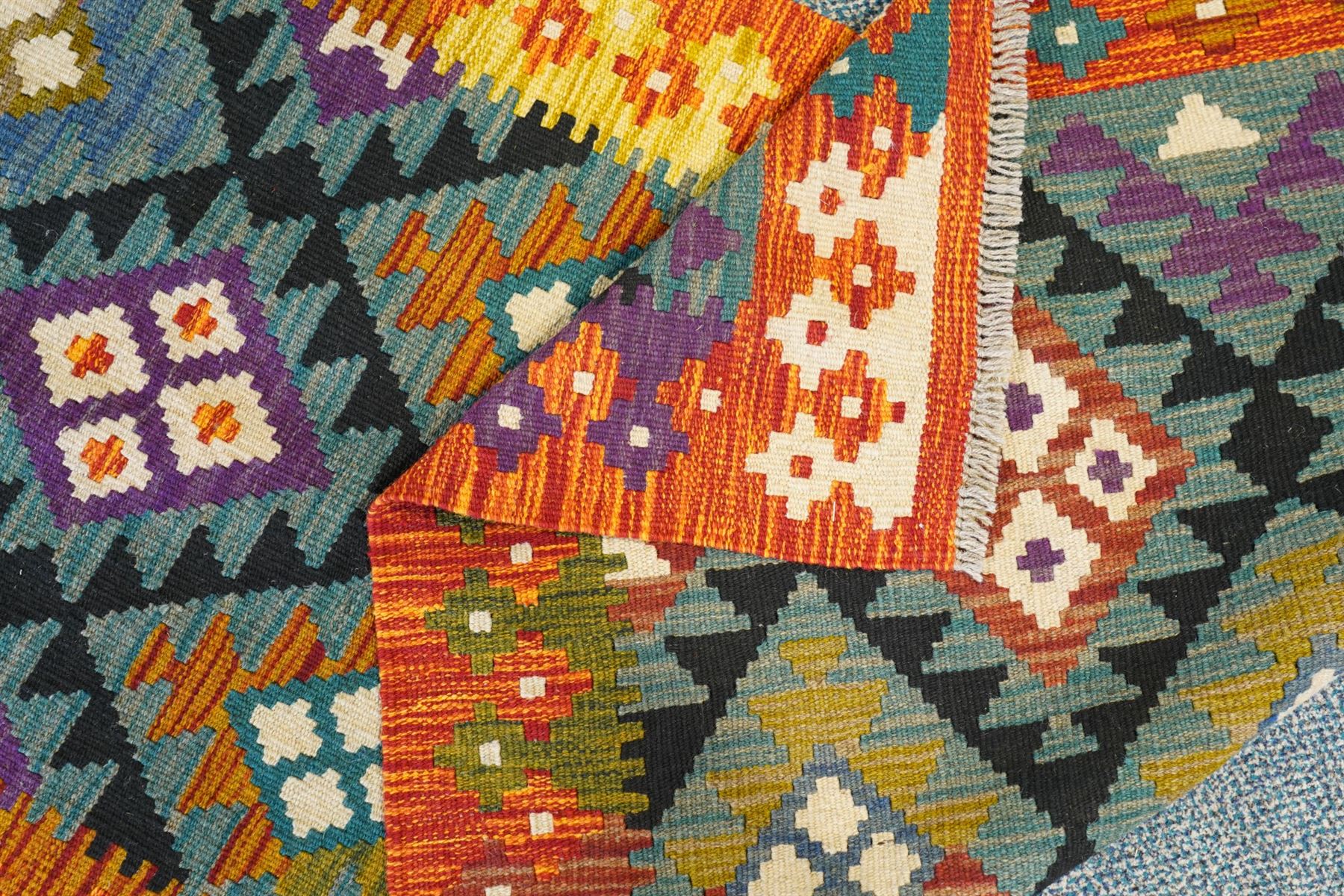 Maimana Kilim runner, overall green ground, geometric pattern 