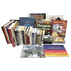 Thirty modern books of military interest including The Wartime Scrapbook 1939-1945; D-Day by Stephen Badsey; The D-Day Experience by Richard Holmes; Desert Rats by John Parker; A Most Secret Squadron by Des Curtis; Flying Colours - The Epic Story of Douglas Bader by Laddie Lucas etc; and quantity of DVDs of war and military interest