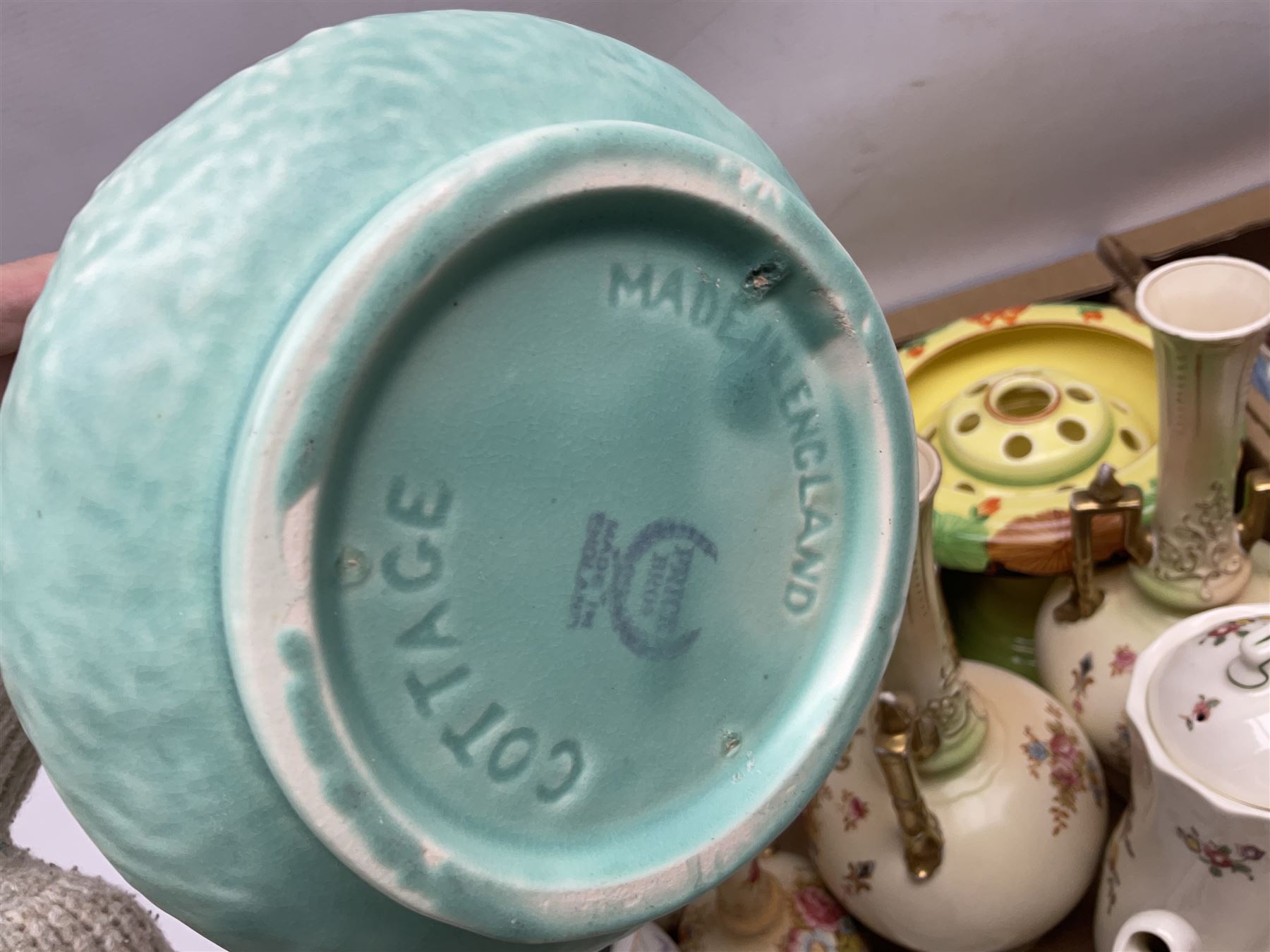 Royal Worcester miniature loving cup, Royal Doulton Wendy figure HN 2109, Lladro dish, two Giuseppe Armani figures, Staffordshire style figural vase, Crown Devon Fieldings blush ivory ewers and twin handled vases, Villeroy & Boch, Royal Doulton, Carlton Ware, Masons ironstone, other ceramics, teawares etc in four boxes