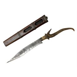 African tribal knife, possibly Shona Zimbabwe, the 22cm steel blade with all over punched decoration and antler handle; in inlaid and banded hardwood scabbard with two apertures L42cm overall