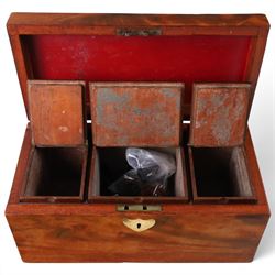 William IV figured mahogany tea caddy enclosing three hinge top lift-out compartments, together with 18th century mahogany tea caddy and circular mahogany coaster, William IV H15cm